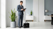 © Hasan - A successful businessman in a sharp suit reviews documents on a clipboard in a modern, bright space.