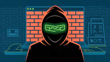 A hooded hacker is positioned in front of a brick wall and a computer screen
