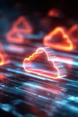 Wall Mural - Futuristic neon cloud icons glowing on a digital interface, representing cloud computing and data transfer in a high-tech environment.