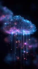 Wall Mural - a digital cloud composed of glowing interconnected nodes and lines, emitting vertical streams of lig