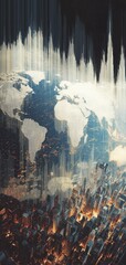 Wall Mural - a digital illustration showing a world map with vertical light beams connecting to a futuristic city