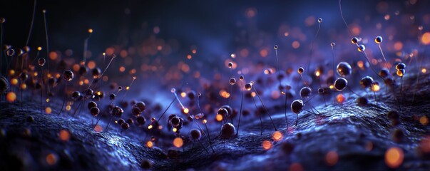 Wall Mural - abstract close-up of tiny glowing spheres connected by thin filaments on a textured surface, creatin