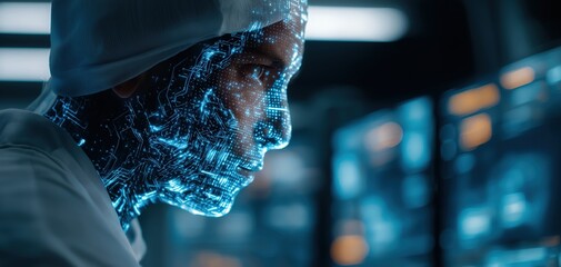 Wall Mural - a futuristic humanoid robot with digital circuitry on its face contemplates multiple glowing screens