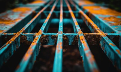 Abstract teal metal grid texture with rust industrial construction pattern