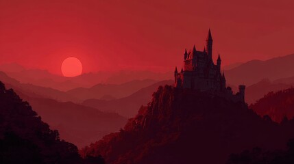 Wall Mural - A grand castle stands atop a rocky hill, silhouetted against a stunning red sunset. Surrounding mountains fade into the distance, creating a dramatic and enchanting landscape.