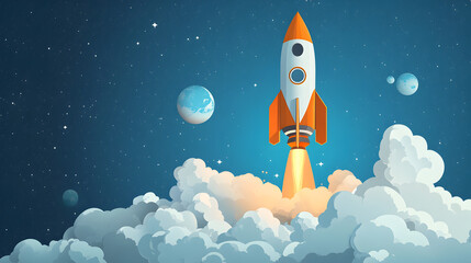 Vector landing page graphic depicting rocket launch for startup with creative idea theme, emphasizing business progress and technology advancement in digital environment.