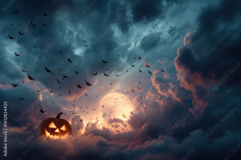 Spooky Halloween night sky filled with bats and a glowing jack o ...