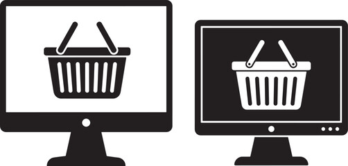 Two computer monitors displaying shopping cart icons silhouette