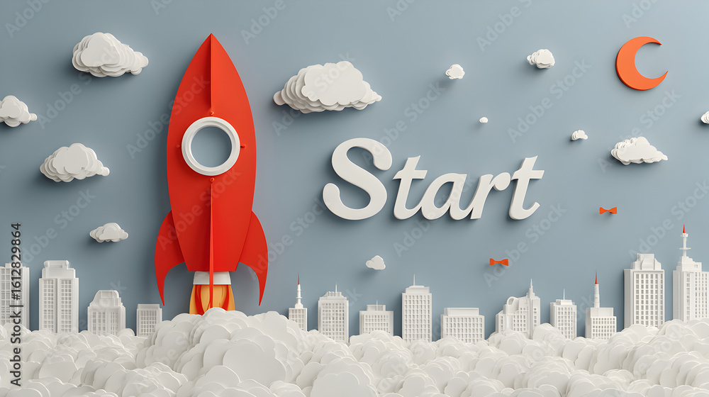 Realistic 3D Startup Banner with Rocket Launching from Laptop – Digital ...