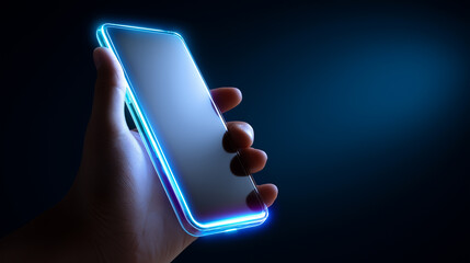 Wall Mural - glowing smartphone held in a hand against a dark background, highlighting modern technology.