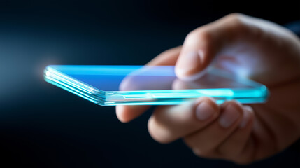 Wall Mural - glowing smartphone held in a hand against a dark background, highlighting modern technology.