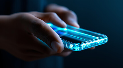 Wall Mural - glowing smartphone held in a hand against a dark background, highlighting modern technology.