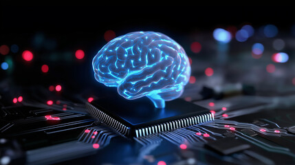 Wall Mural - a glowing blue human brain rendering sits atop a microchip on a circuit board, symbolizing artificia