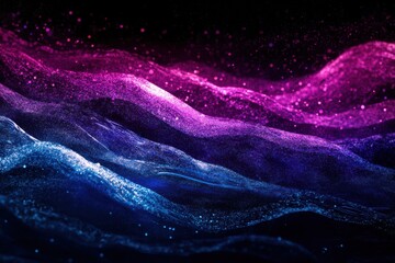 Wall Mural - Purple and blue wave of light with a lot of sparkles. Abstract grainy blue purple color gradient wave black background glowing light dark backdrop.