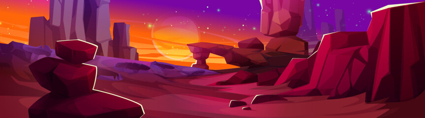 Wall Mural - Alien planet landscape with vibrant red rocky terrain, stone formations, orange sunset sky with stars and moon, cliffs and stones in sci fi environment for space exploration game level design.