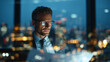 © Sumen - A focused businessman in glasses reads a document in an office at night with city lights