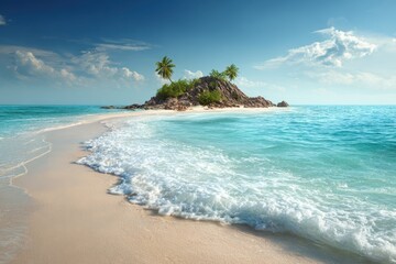 Wall Mural - Relaxing on a sandy tropical beach with a picturesque island in the background under clear blue skies