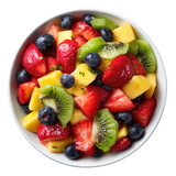 Vibrant fruit salad in a white bowl.  A colorful mix of diced mango, kiwi, strawberries, and blueberries