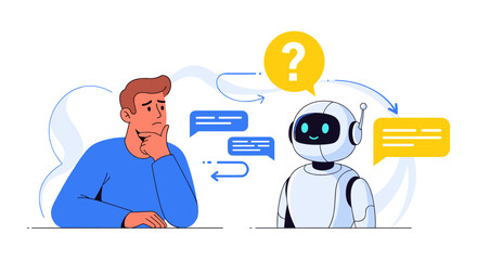 An illustration depicts a man seeking answers from a friendly AI chatbot, symbolizing the intersection of technology and human interaction in problem-solving.