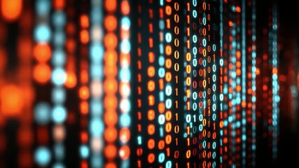 Abstract digital data stream with glowing binary code and bokeh effect, 4k video