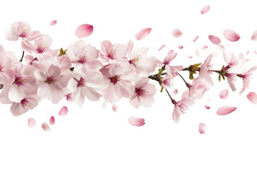 delicate pink cherry blossom branch with falling petals isolated on transparent background. flying p