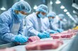 © EUT - Workers in clean suits inspect meat on a conveyor belt line. Showcasing food safety and processing at the meat industry factory.
