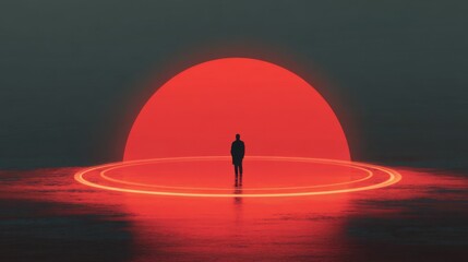 Wall Mural - A solitary figure stands on a tranquil shore, gazing at a large, bright red sunset illuminating the sky. The calm water reflects the vibrant hues, creating a serene atmosphere.