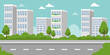 © Hunia Studio - Flat style of  Urban Cityscape with Road, Trees, and Modern Buildings