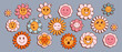 © klyaksun - Retro groovy daisy flowers with cartoon faces showing different emotions - happy, sad, surprised expressions in pink, orange, blue pastel colors for hippie style stickers, prints or 70s decorations.