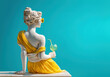 © Neeqolah - Classical marble statue lounging in a bright yellow dress, wearing matching sunglasses, and holding a cocktail with a straw, set against a vibrant turquoise background. Summertime, surreal copy space.