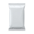 © Pixel_Glow - Blank white plastic snack pouch or food packaging mockup, front view for branding. Isolated on transparent background, png