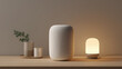 © Helena - Modern home decor featuring a stylish white smart speaker, a minimalist lamp, and decorative plants on a wooden table, creating a cozy and inviting atmosphere for contemporary living