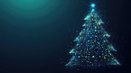 Wall Mural - blue glowing neon christmas tree in minimalist abstract design, elegant fir illustration with copy s