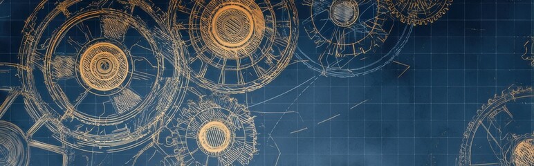 Intricate design showcasing interlocking gears on a blueprint background, symbolizing engineering and innovation