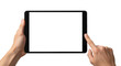 © Pixel_Glow - Hands holding a black tablet with a blank white screen for mockup. Isolated on transparent background, png