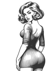 Wall Mural - confident woman in a fitted dress, looking over her shoulder with a glamorous expression sketch engr