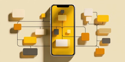 Wall Mural - visual representation of mobile technology connecting to various digital elements on a yellow backgr
