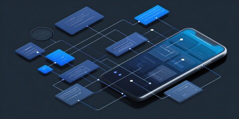 Wall Mural - modern smartphone interface with dynamic app connections and digital elements displayed on a dark ba