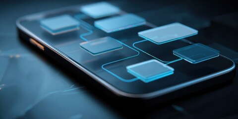 Wall Mural - digital interface design displayed on smartphone with vibrant blue elements and modern layout showca