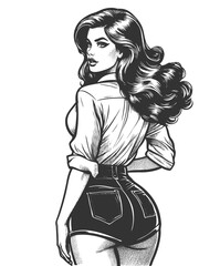 Wall Mural - stylish woman with long flowing hair, looking back while wearing a tied shirt and shorts sketch engr