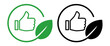 © bakhtiarzein - icon thumbs up gesture within circular frame paired with green leaf symbolizing positive recommendation approval and endorsement of sustainable products or practices