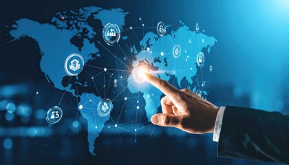 Global Network Activation Finger Touching World Map with Connected Icons.