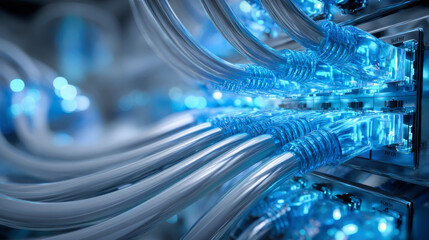 Wall Mural - A network switch with glowing blue data cables in an internet server room