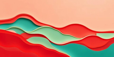 Wall Mural - layered abstract waves in warm red, teal & cream; paper-cut style terrain, artwork, palette