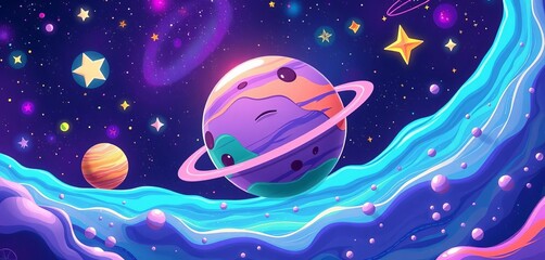 Wall Mural - Whimsical cartoon liquid planets float amidst vibrant galaxies and stars,  vibrant galaxy,  design