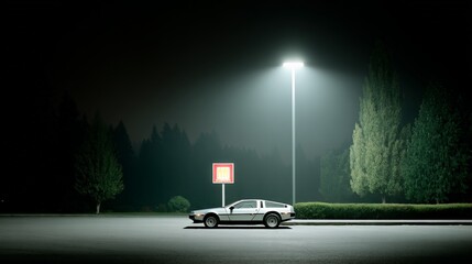 Wall Mural - Vintage car in mysterious nighttime landscape near forest and gas station