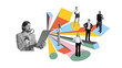 © master1305 - Collage of serious man with magnifier observing expressive people positioned on colorful structures. Concept of HR assessment, soft skills training, hybrid communication, team evaluation.
