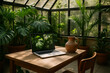 © DELWAR - Cozy corner with potted plant and book on a wooden table in a sunlit greenhouse
