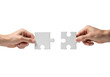 © Pixel_Glow - Hands connecting two white jigsaw puzzle pieces for a teamwork solution. Isolated on transparent background, png