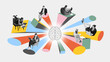 © master1305 - Digital collage of relaxed remote workers connected to central brain icon with colorful energy beams. Concept of creative thinking, distributed brainstorming, digital teamwork, emotional workflow.